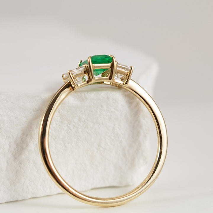 14K Yellow Gold Emerald & Lab Grown Diamond Three Stone Emerald Cut Ring, Emerald Cut Center with Diamond Sides - Side Profile/2