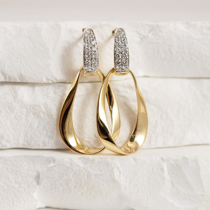 14K Yellow Gold Natural Diamond & High Polish Open Oval Drop Earrings 
