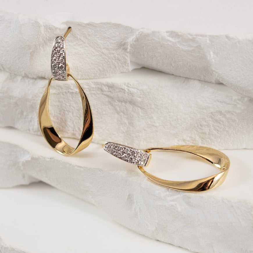 14K Yellow Gold Natural Diamond & High Polish Open Oval Drop Earrings - Side Profile (Post & Butterfly Backings)