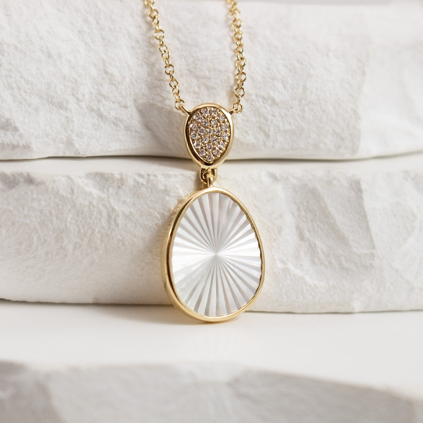 14K Yellow Gold Rutilated Mother of Pearl Necklace with Pave Diamond Accents 