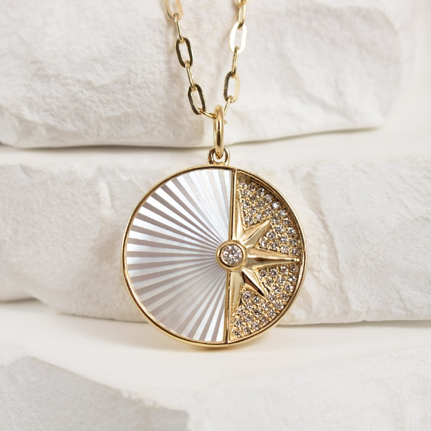 14K Yellow Gold Mother of Pearl Medallion Necklace with Diamond and Gold Accents