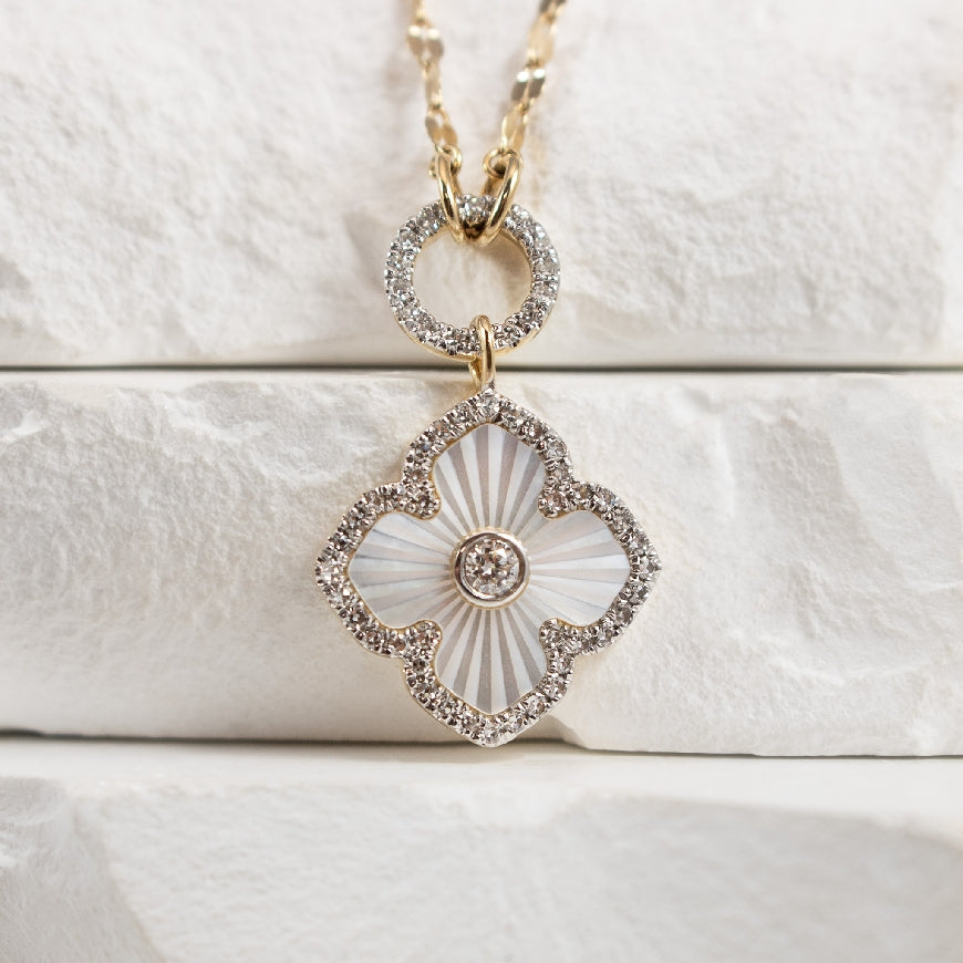 14K Yellow Gold Mother of Pearl Clover Necklace with Natural Diamond Accents 
