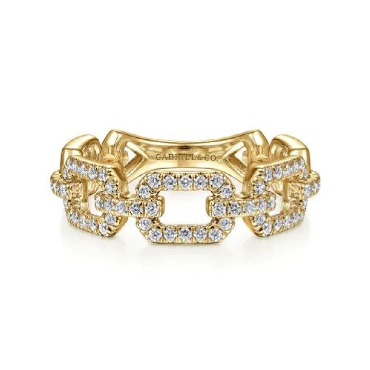 14KY Gabriel & Co. Diamond Chain Stackable Ring 

14K Yellow Gold Diamond Chain Link Stackable Ring 

0.38 Carats Total Diamond Weight of SI+ Clarity, GH Colour 

S2265019

Finger Size 6.5 
