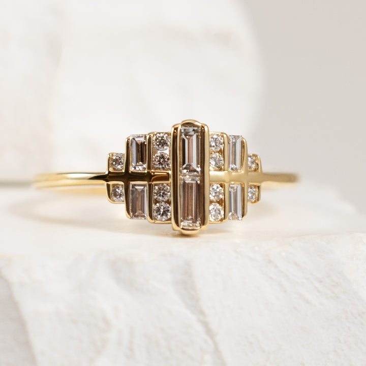 14K Yellow Gold Art Deco Ring with Natural Round & Baguette Diamonds 
