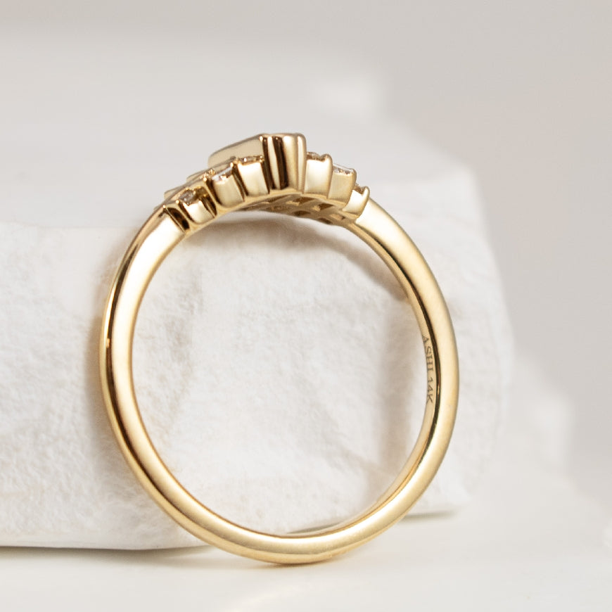 14K Yellow Gold Low Profile Engagement Ring -  Art Deco Style with Natural Round & Baguette Diamonds - Side Profile