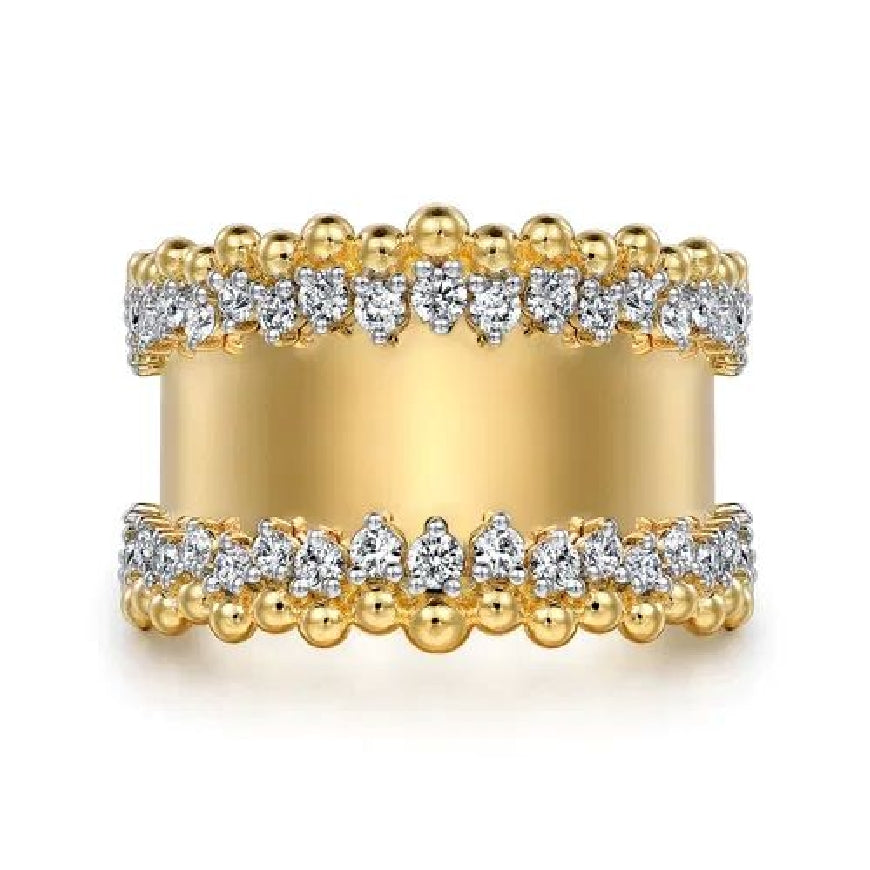 14KY Gabriel & Co. Bujukan Wide Diamond Ring 

14K Yellow Gold Bujukan Wide Diamond Ring 

0.74 Carats Total Diamond Weight of SI+ Clarity, GH Colour 

17MM to 7.20MM Width 

S2265025

Finger Size 6.5 
