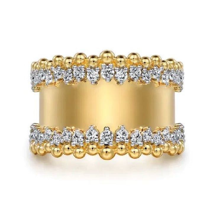 14KY Gabriel & Co. Bujukan Wide Diamond Ring 

14K Yellow Gold Bujukan Wide Diamond Ring 

0.74 Carats Total Diamond Weight of SI+ Clarity, GH Colour 

17MM to 7.20MM Width 

S2265025

Finger Size 6.5 
