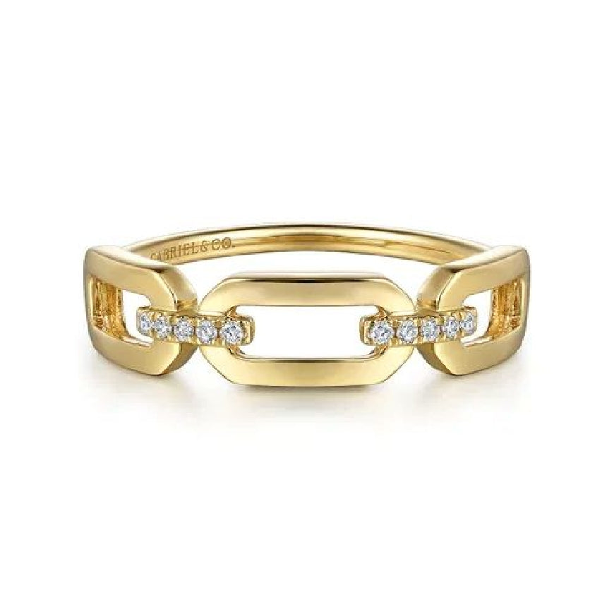 14KY Gabriel & Co. Chain Link Diamond Ring 

14K Yellow Gold Contemporary Chain Link Brushed Diamond Ring 

0.04 Carats Total Diamond Weight of SI+ Clarity, GH Colour 

S2265177

Finger Size 6.5 
