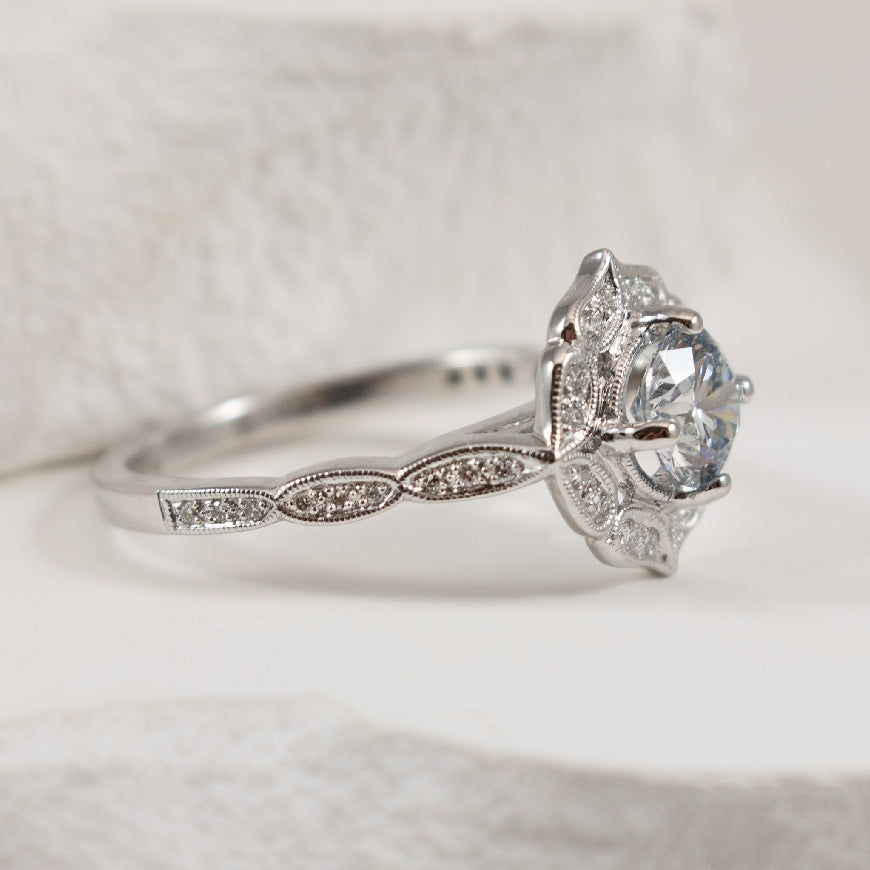 14K White Gold Lab Grown Fancy Blue Diamond Vintag