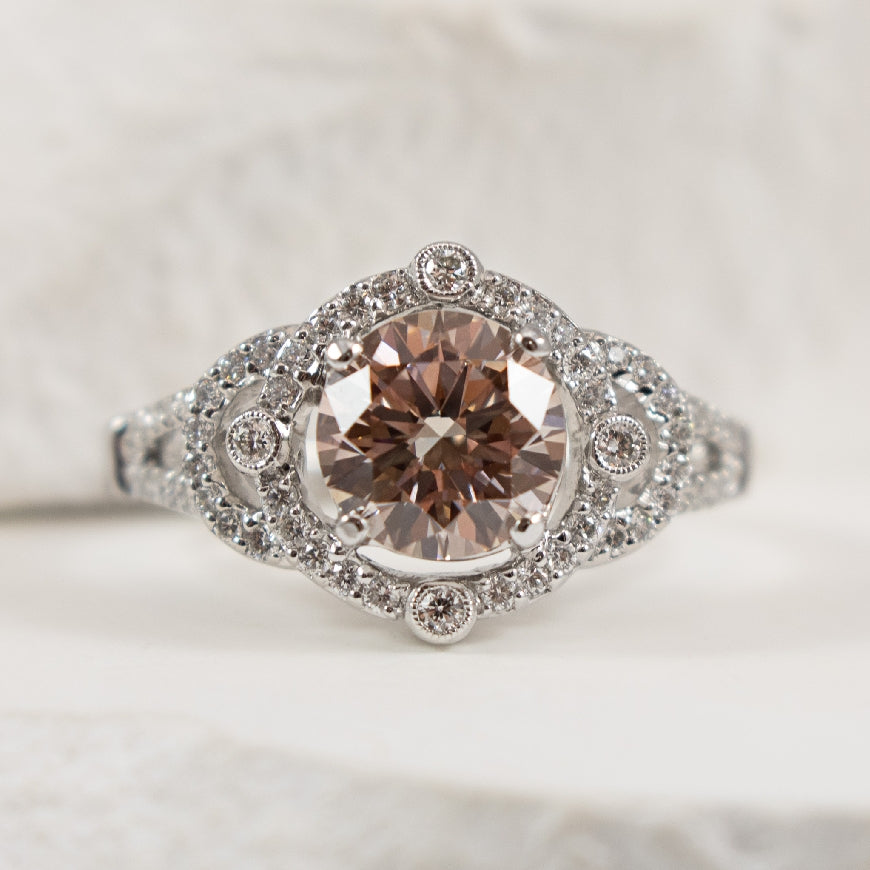 14KW Vintage Pink Diamond Engagement Ring

14K White Gold Pink Lab Grown & Natural Accented Engagement Ring

Center - 1.25 Carat Lab Grown Fancy Brownish Pink Round Brilliant Cut Diamond od VS2 Clarity, Excellent/ Excellent/ Excellent Cut

Acce