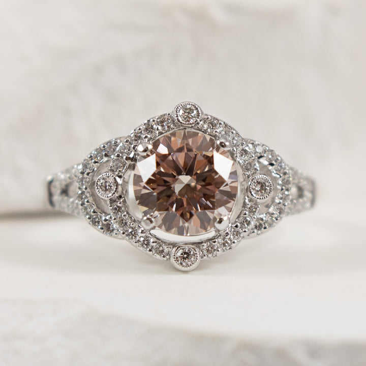 14KW Vintage Pink Diamond Engagement Ring

14K White Gold Pink Lab Grown & Natural Accented Engagement Ring

Center - 1.25 Carat Lab Grown Fancy Brownish Pink Round Brilliant Cut Diamond od VS2 Clarity, Excellent/ Excellent/ Excellent Cut

Acce