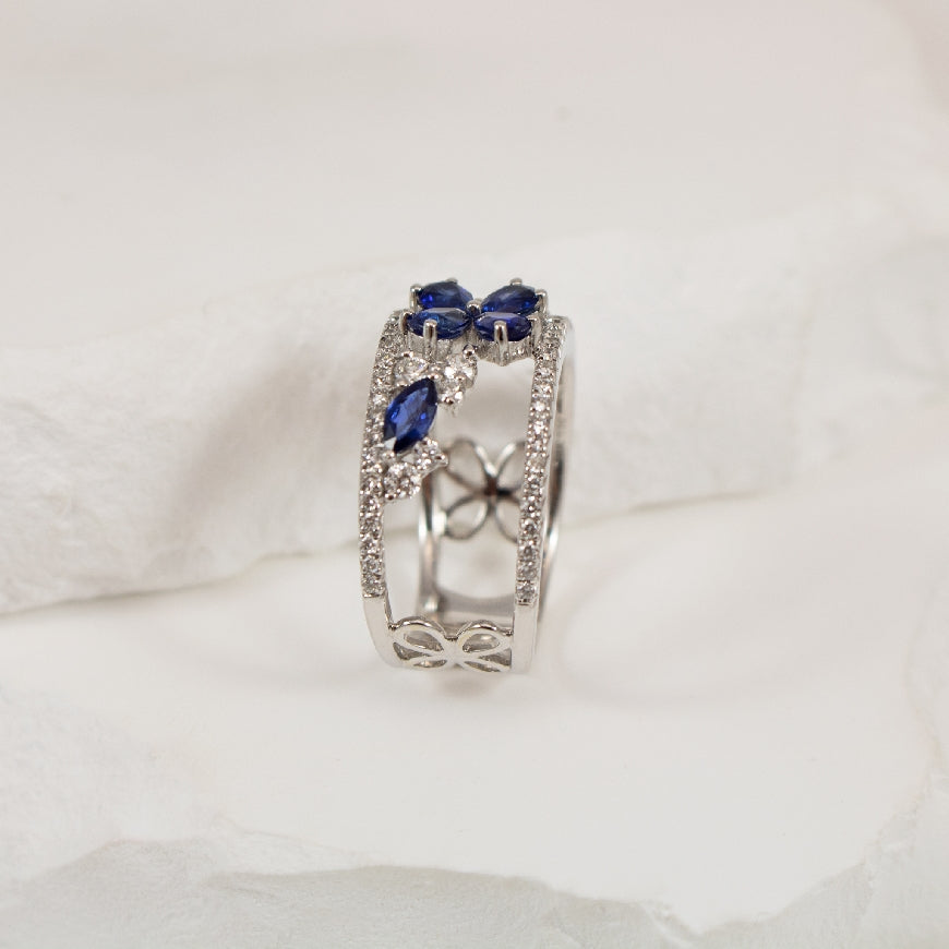 18KW Open Concept Floral Sapphire & Diamond Ring