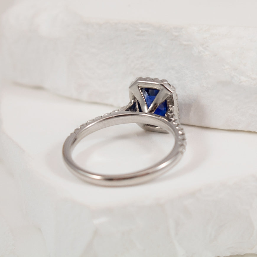 18KW Elongated Cushion Halo Sapphire &Diamond Ring