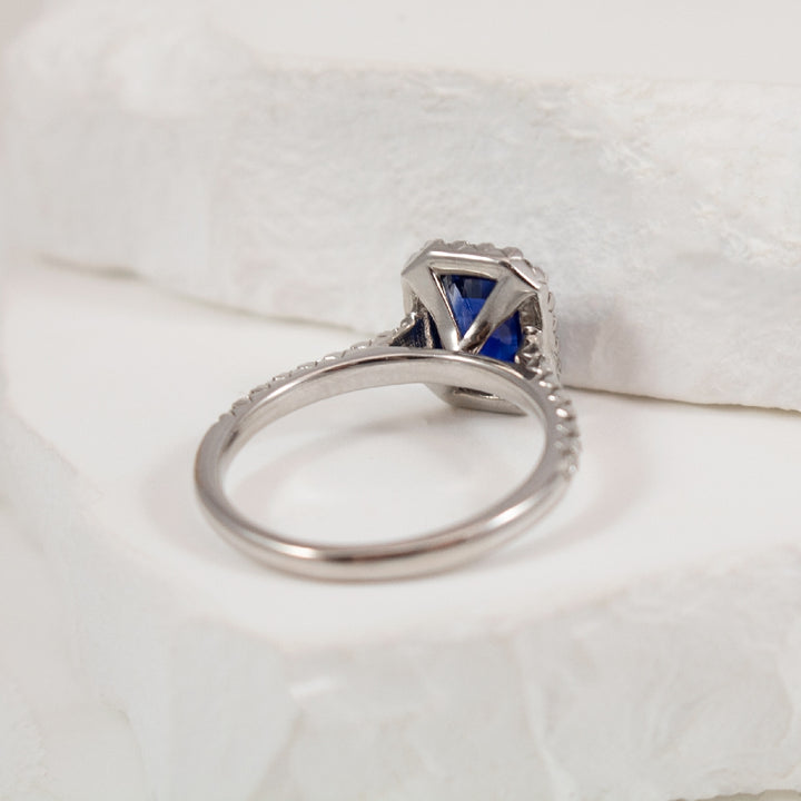 18KW Elongated Cushion Halo Sapphire &Diamond Ring