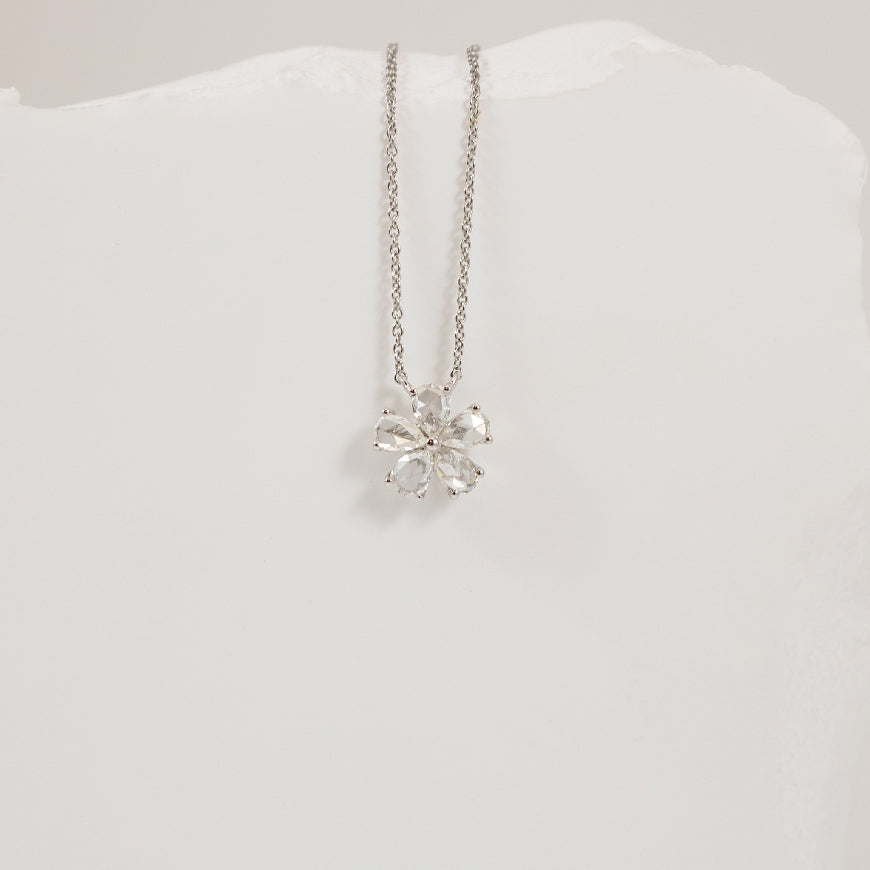 10KW Rose Cut Diamond Flower Necklace              

10K White Gold Natural Rose Cut Diamond Flower Necklace 

0.55 Total Natural Diamond Weight

Chain length 18'

