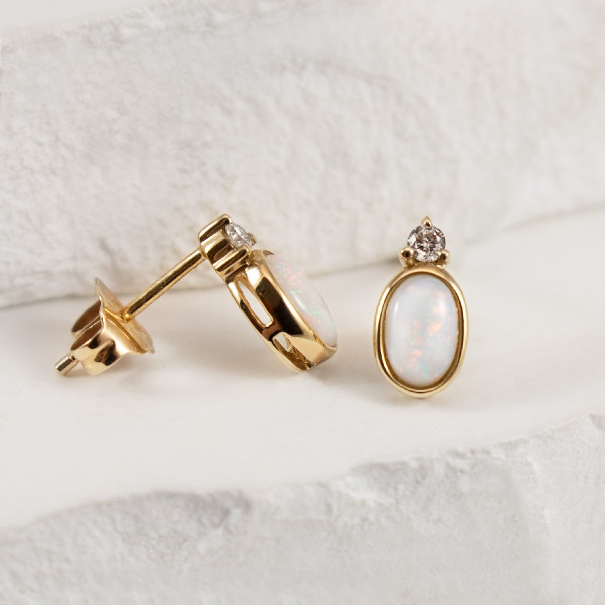 10K Yellow Gold Bezel Set Opal Stud Earrings with Diamond Accent