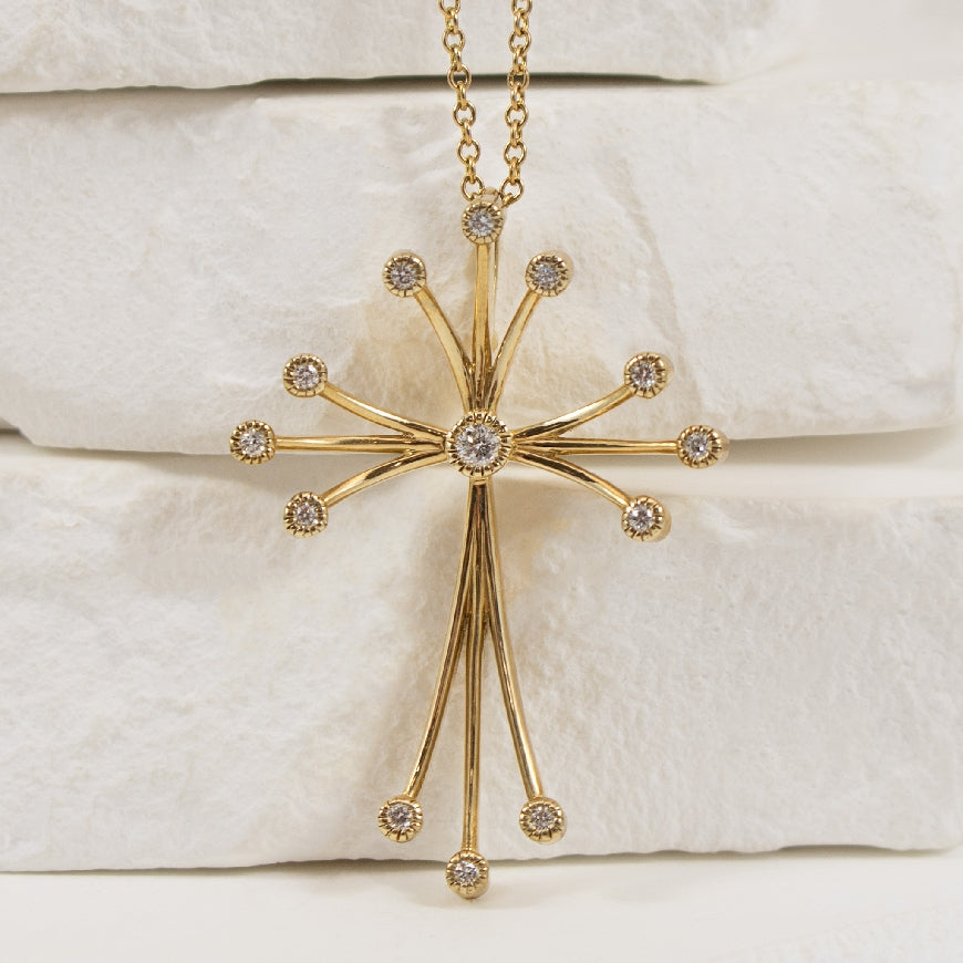 14K Yellow Gold Diamond Cross Necklace 

0.11 Total Natural Diamond Weight SI Clarity, GH Colour

Chain Length 18' (adjustable to 16')
