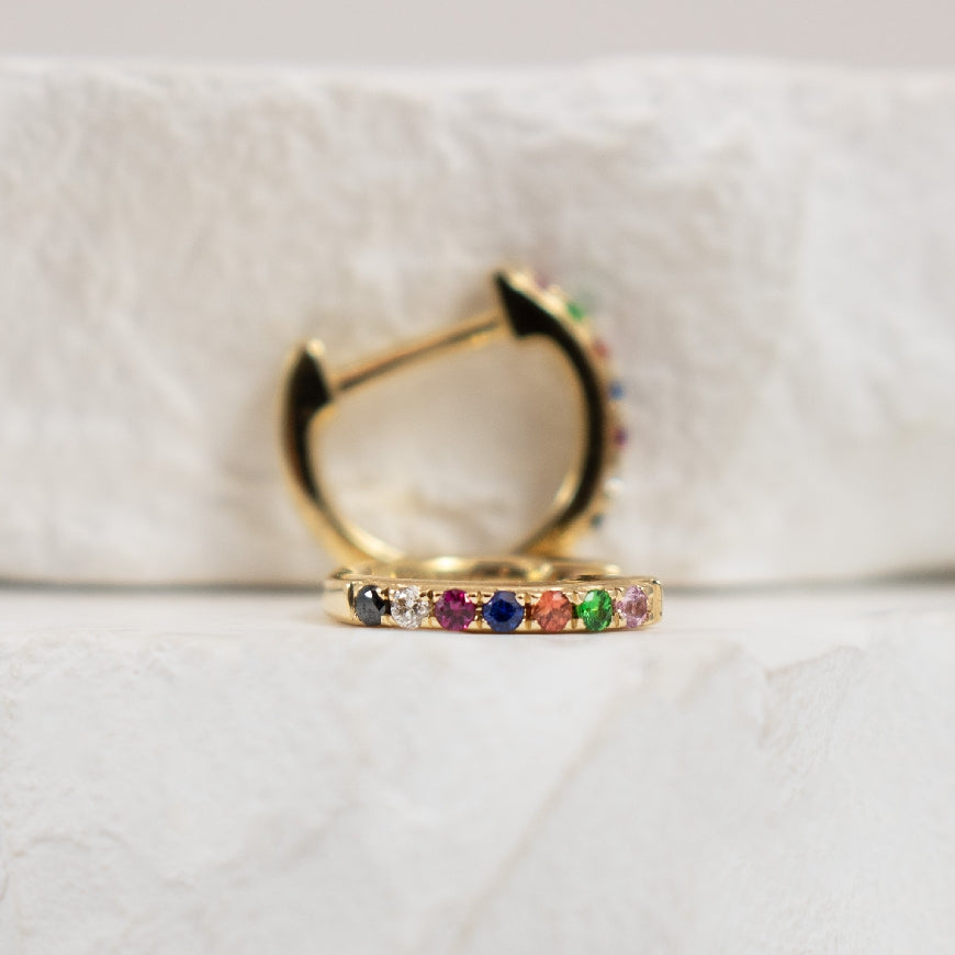 14KY Multi Colour Sapphire &Diamond Hoop Earrings 

14K Yellow Gold Bassali Multi Colour Sapphire & Diamond Huggie Hoop Earrings 

0.11 Total Sapphire Weight 

0.02 Total Natural Diamond Weight SI Clarity, GH Colour

Earring Closure Huggie Ho