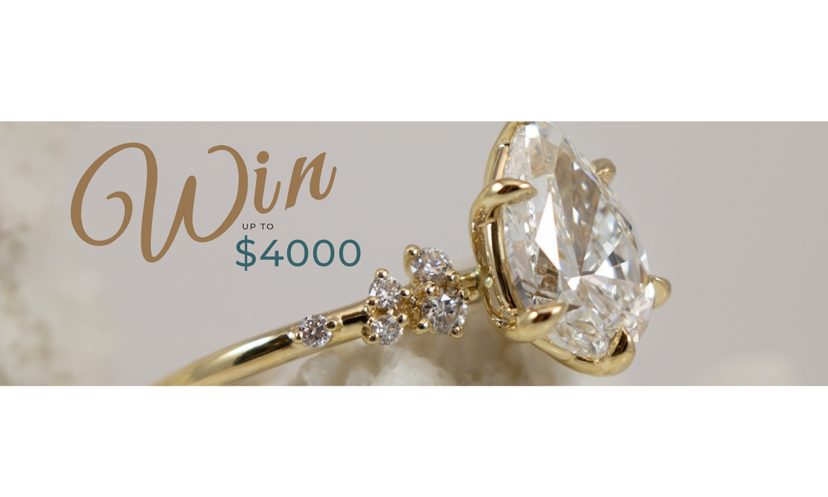 Win up to $4000 overlayed on an image of a 14K yellow gold pear shaped diamond engagement ring on a delicate celestial diamond band. 