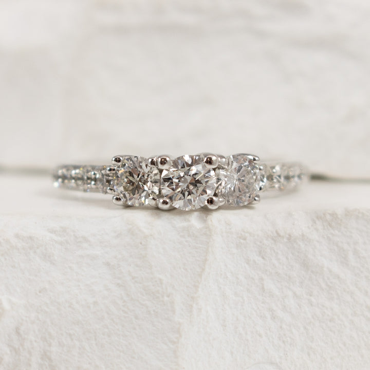 14KW Diamond Three Stone Accented Ring            

14K White Gold Natural Diamond Three Stone Accented Ring

0.32 Carat Round Brilliant Cut Natural Diamond of I1-2 Clarity, IJK Colour
1.00 Total Natural Diamond Weight

Finger Size 6.75




