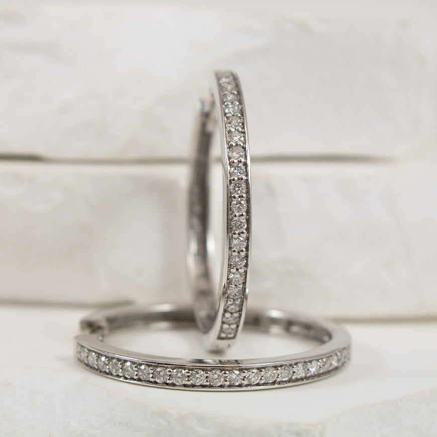 10KW 0.50CT Diamond Hoop Earrings                

10K White Gold Natural Diamond Hoop Earrings 

0.50 Total Natural Diamond Weight of I2 Clarity, IJ Colour

Earring Closure 

