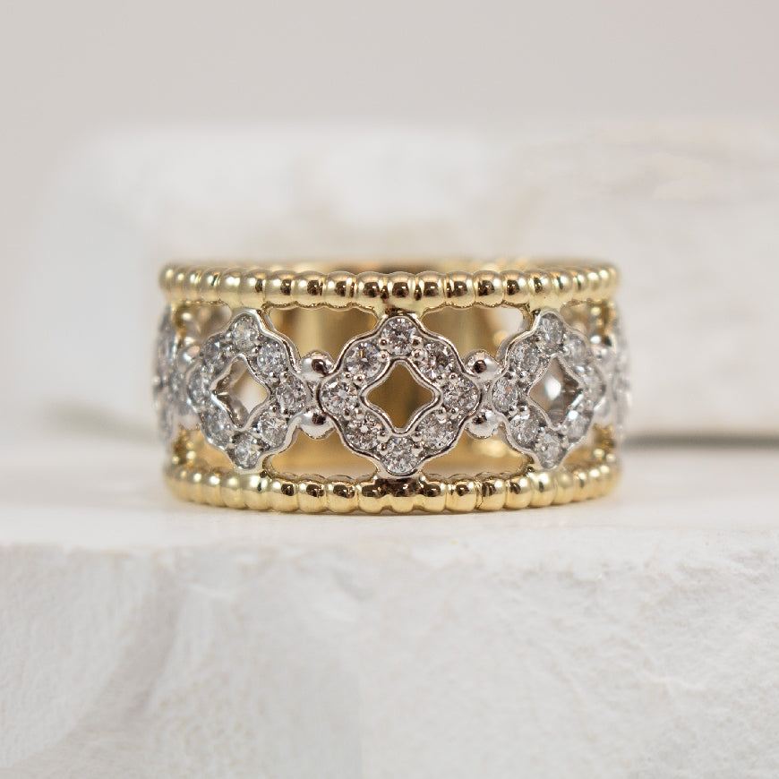 14K Two Tone Wide Diamond Ring                     

14K Yellow & White Gold Natural Diamond Ring

0.82 Total Natural Diamond Weight I1-2 Clarity, GH Colour

Finger Size 6.5
