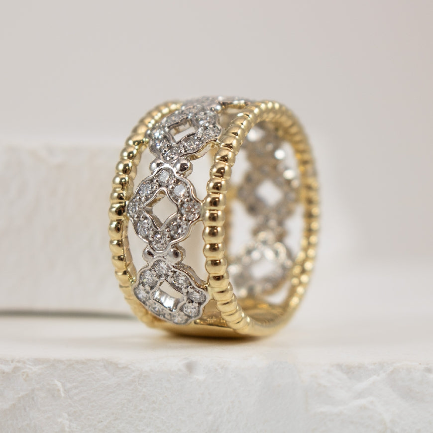 14K Two Tone Wide Diamond Ring