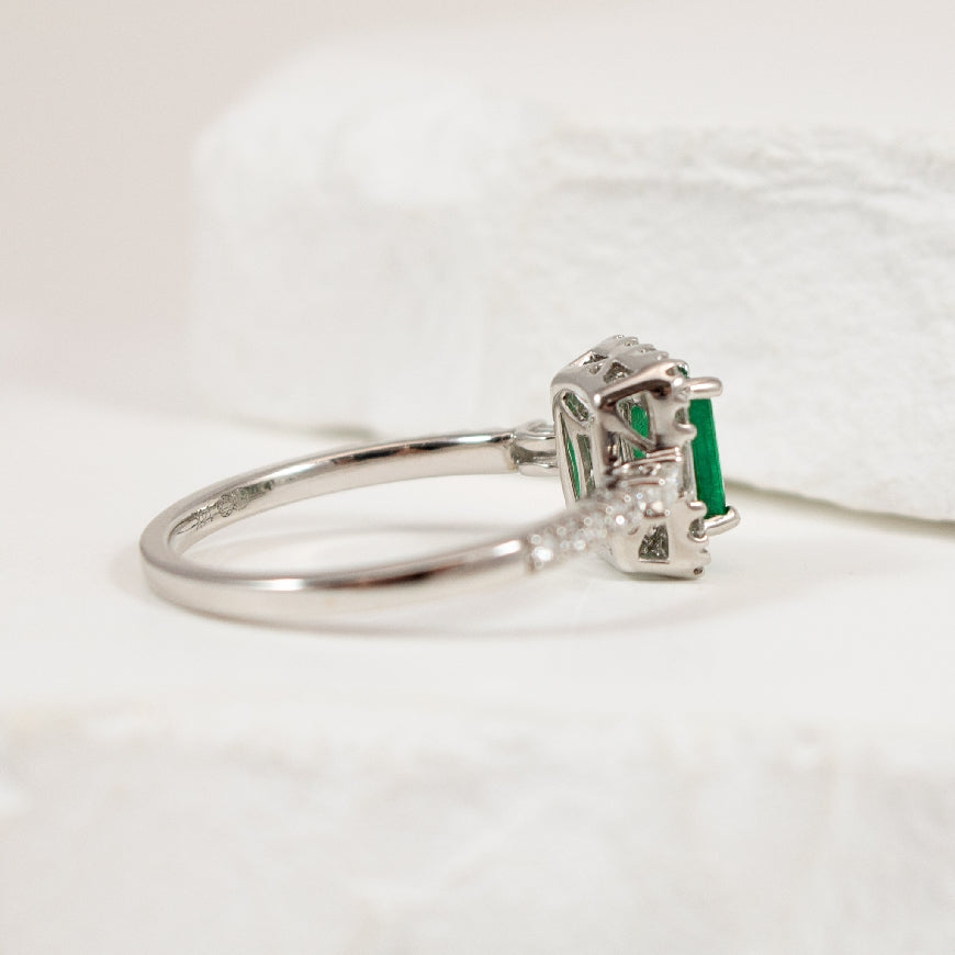 14KW Emerald Cut Emerald & Diamond Halo Ring