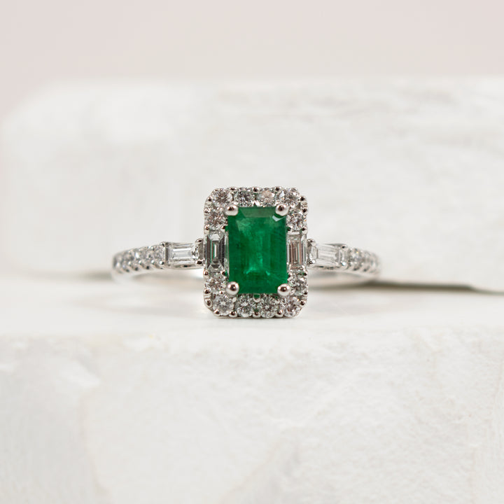 14KW Emerald Cut Emerald & Diamond Halo Ring