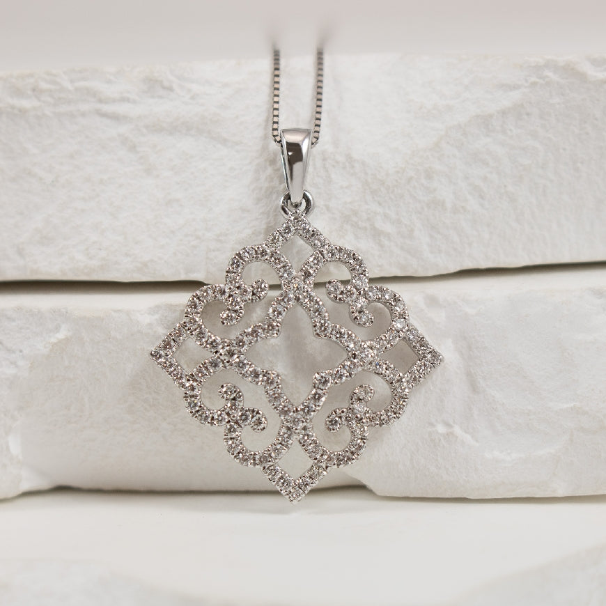 14KW Filagree Diamond Necklace                   

14K White Gold Natural Diamond Necklace 

0.54 Total Natural Diamond Weight of I1 Clarity, GH Colour 

Chain Length 
