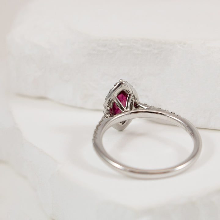 18KW Marquise Cut Ruby & Diamond Halo Ring