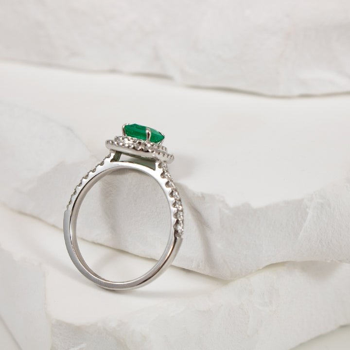 18KW Emerald & Diamond Double Halo Ring