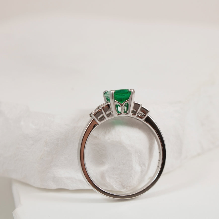 18KW Emerald Cut Emerald & Diamond Accented Ring