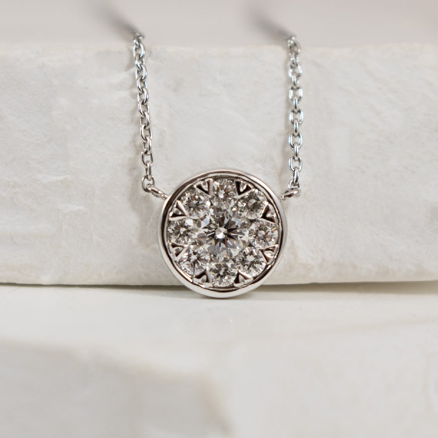 14KW Lovebright Diamond Necklace                  

14K White Gold Lovebright Natural Diamond Necklace

0.35 Total Natural Diamond Weight SI Clarity, GH Colour

Chain Length 18' (Adjustable to 16' or 17')

