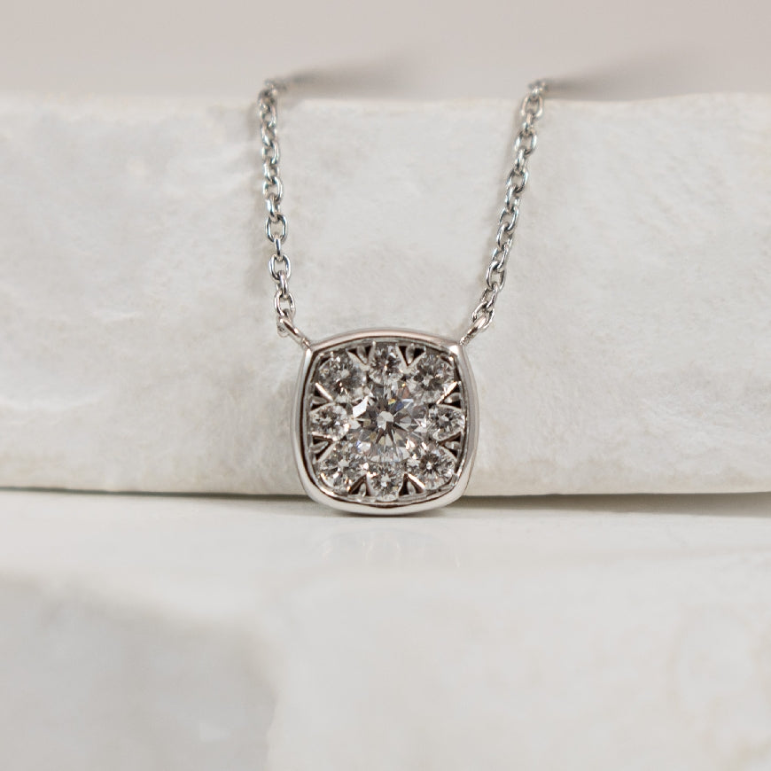 14KW Lovebright Diamond Necklace                  

14K White Gold Lovebright Natural Diamond Necklace 

0.25 Total Natural Diamond Weight SI Clarity, GH Colour 

Chain Length 18' (Adjustable to 16' or 17')
