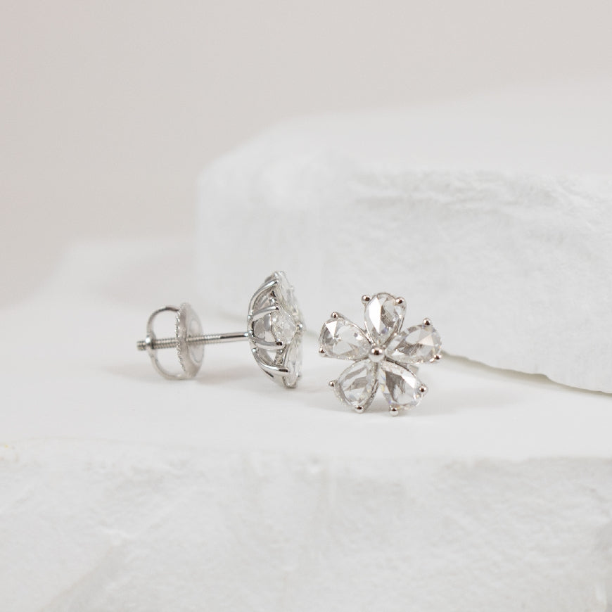 10KW Modern Rose Cut Diamond Flower Earrings         

10K White Gold Natural Rose Cut Diamond Flower Earrings

1.00 Total Natural Diamond Weight 

Earring Closure Post with Screw Back

