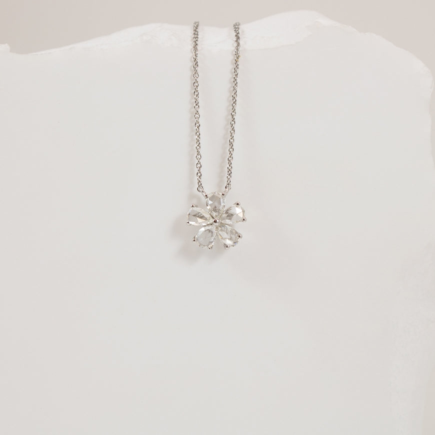 10KW Rose Cut Diamond Flower Necklace              

10K White Gold Natural Rose Cut Diamond Flower Necklace 

0.55 Total Natural Diamond Weight

Chain length 18'

