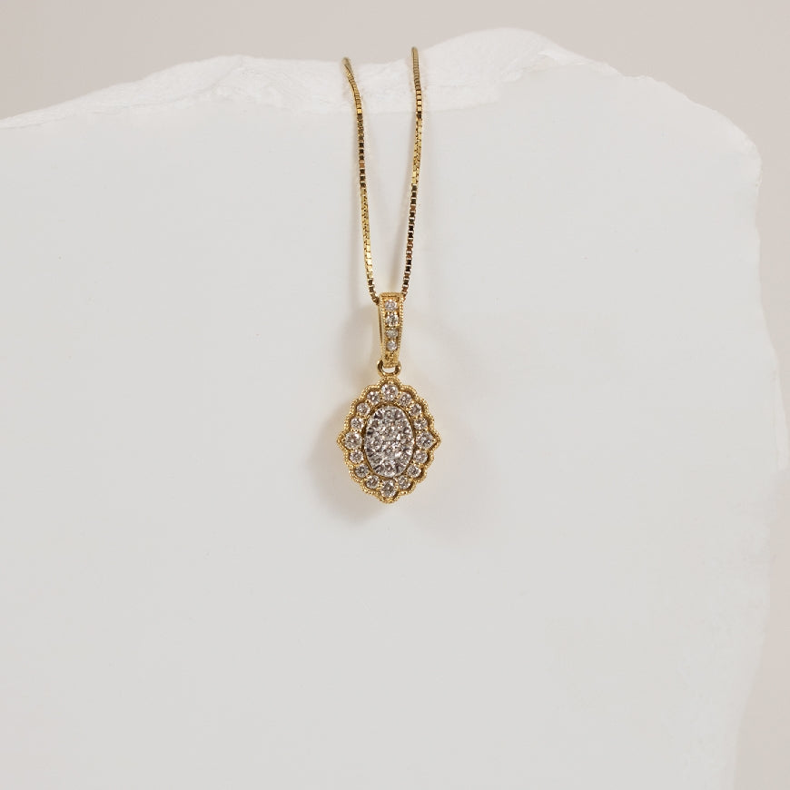 14KY Vintage Style Lovebright Diamond Necklace      

14K Yellow Gold Lovebright Natural Diamond Necklace

0.25 Total Natural Diamond Weight SI Clarity, GH Colour

Chain Length 18'

