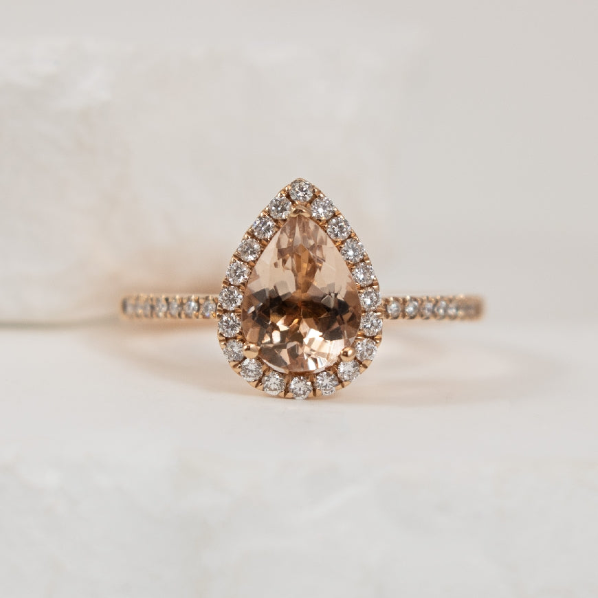 14KR Pear Shaped Morganite & Diamond Halo Ring     

14K Rose Gold Morganite & Natural Diamond Halo Ring

1.02 Carat Pear Shaped Morganite
0.21 Total Natural Diamond Weight SI Clarity, GH Colour

Finger Size 6.25

