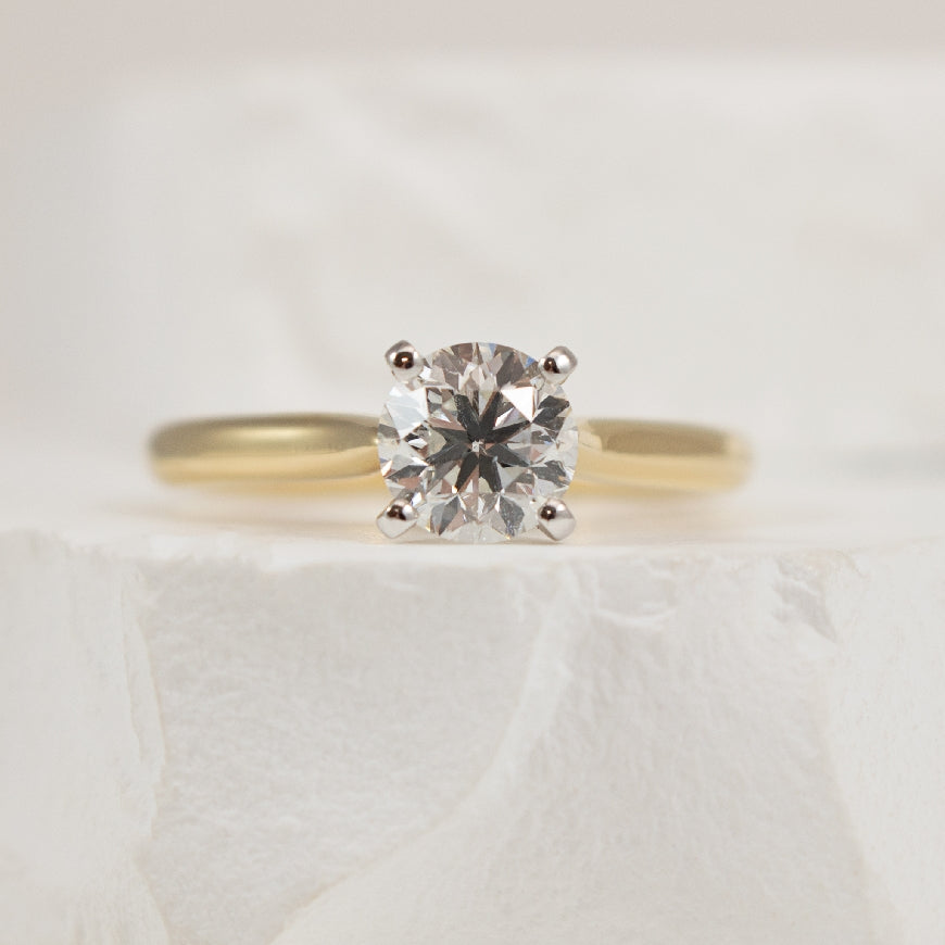 14KY Gabriel & Co Diamond Solitaire Engagement Ring  

14K Yellow/ White Gold Gabriel & Co. Lab Grown Diamond Round Brilliant Cut Solitaire Engagement Ring 

Center Diamond - 1.13 Carat Round Brilliant Cut Lab Grown Diamond of VS2 Clarity, E Colo