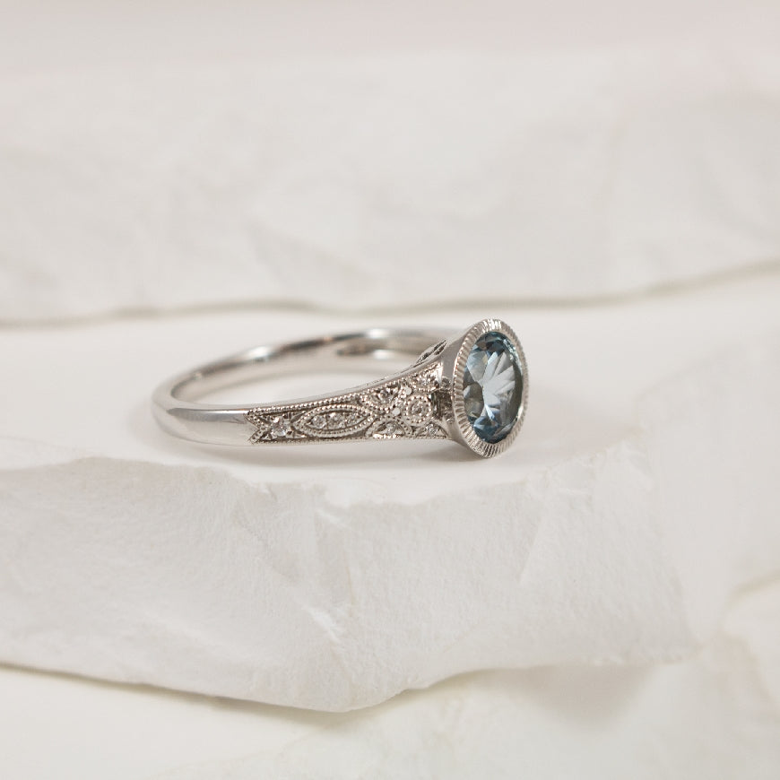 14KW Vintage Style Aquamarine & Diamond Bezel Ring