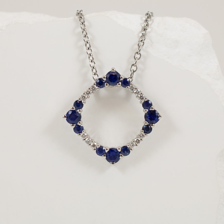 18KW Open Cushion Sapphire & Diamond Necklace     

18K White Gold Sapphire & Natural Diamond Necklace

0.82 Total Sapphire Weight

0.11 Total Natural Diamond Weight SI Clarity, GH Colour

Chain Length 18'

