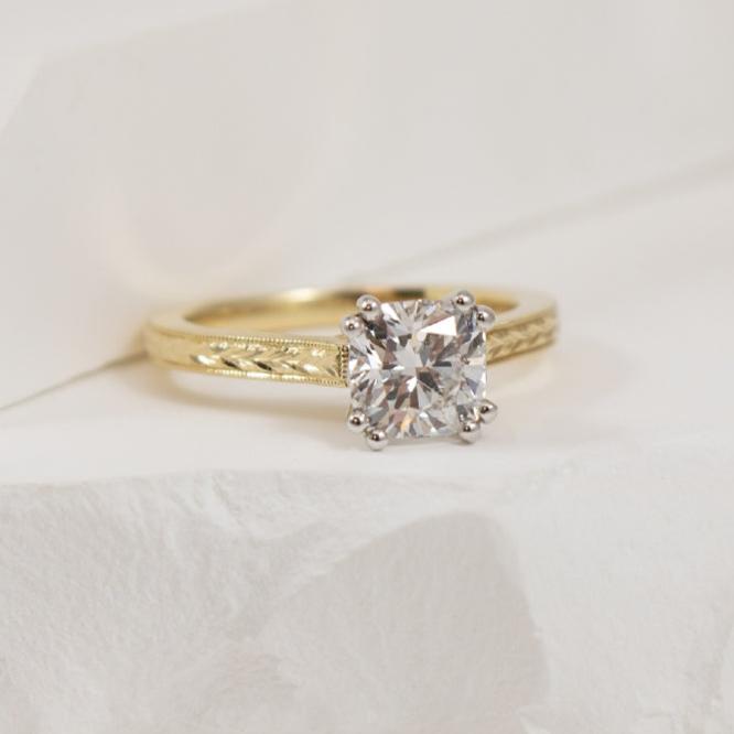 14KY Vintage Style Cushion Diamond Engagement Ring

14K Yellow Gold Gabriel & Co. Lab Grown Diamond Vintage Style Solitaire Engagement Ring 

Center - 1.42CT Cushion Cut Lab Grown Diamond of VVS2 Clarity, D Colour, Excellent/ Excellent Cut 

Fi