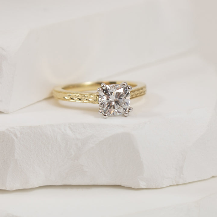 14KY Vintage Style Cushion Diamond Engagement Ring

14K Yellow Gold Gabriel & Co. Lab Grown Diamond Vintage Style Solitaire Engagement Ring 

Center - 1.42CT Cushion Cut Lab Grown Diamond of VVS2 Clarity, D Colour, Excellent/ Excellent Cut 

Fi