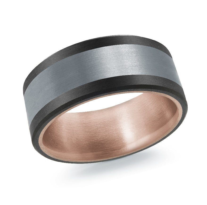 Mardini Mixed Metal 9mm Wide Band                                 

Mardini 14K Rose Gold, Tantalum & Carbon Fiber Alternative Band

Satin Finish

Width 9mm

Finger Size 10 
