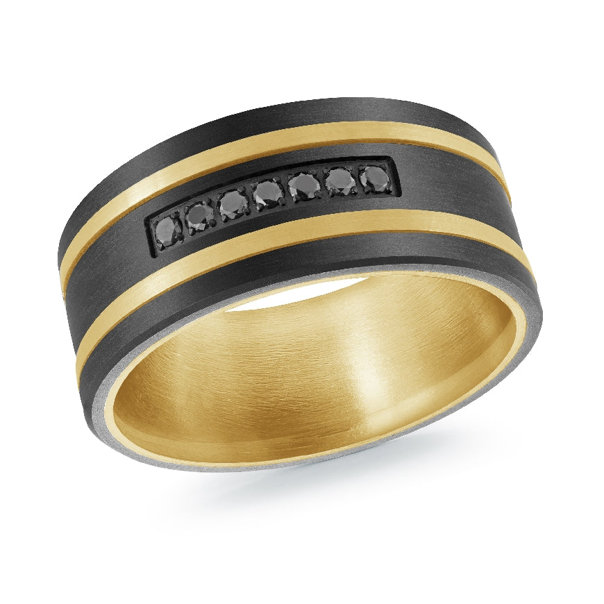 Mardini Mixed Metal & Diamond 7mm Band             

Mardini 14K Yellow Gold & Titanium Natural Black Diamond Alternative Band

0.11 Total Diamond Weight I1 Clarity, GH Colour

Width 7mm

Finger Size 10

 