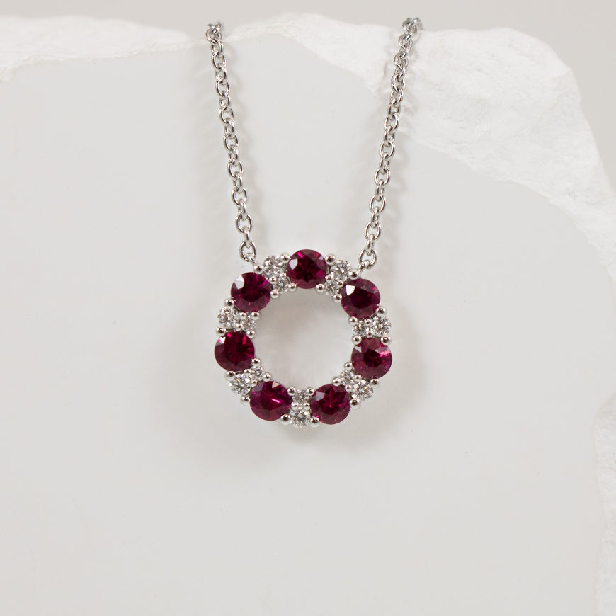 14KW Circle Alternating Ruby & Diamond Necklace   

14K White Gold Ruby & Natural Diamond Necklace

1.05 Total Natrual Ruby Weight

0.16 Total Natural Diamond Weight VS1-2 Clarity, FG Colour

Chain Length 

