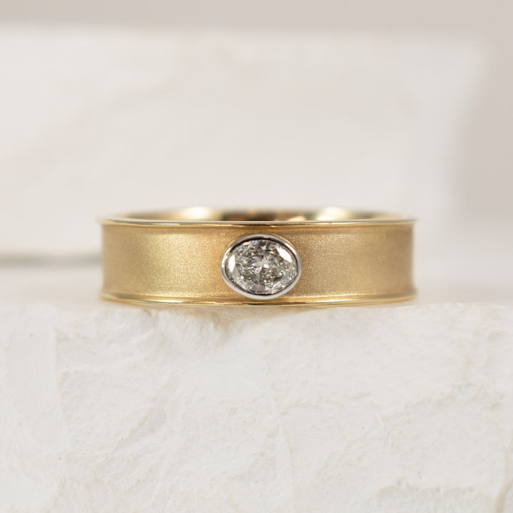14KY Oval Cut Diamond Brushed Band                          

14K Yellow Gold Natural Oval Cut Diamond Brushed Band 

0.15 Carat of Natural Oval Cut Diamond SI Clarity, G Colour

Finger Size 7

