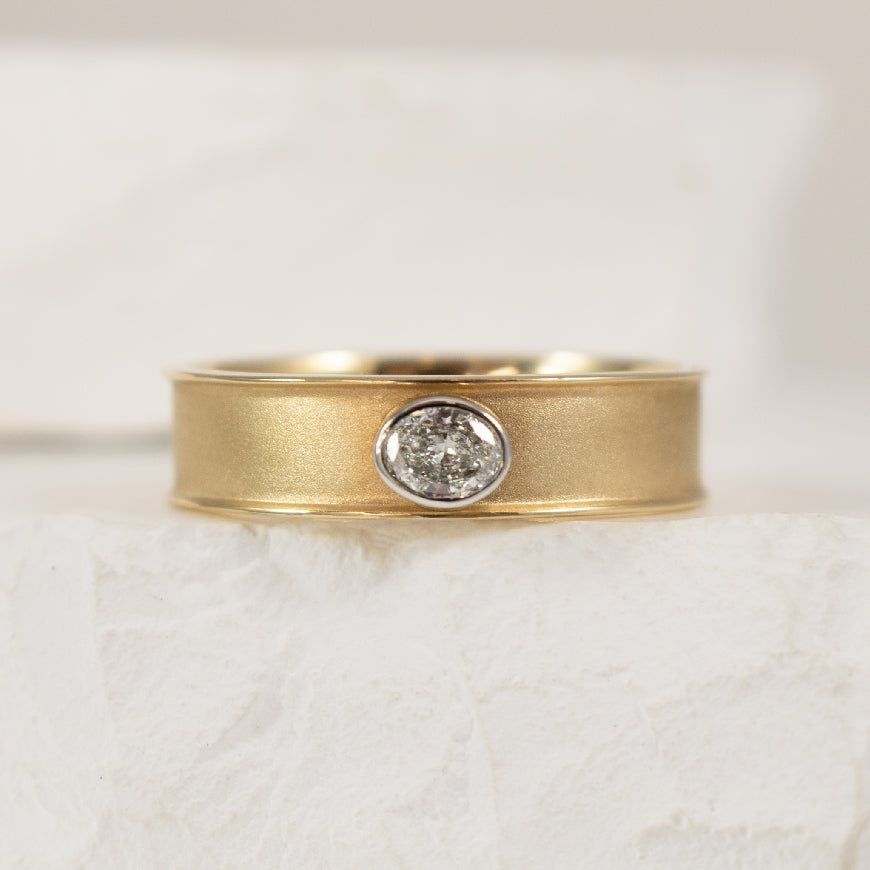 14KY Oval Cut Diamond Brushed Band                          

14K Yellow Gold Natural Oval Cut Diamond Brushed Band 

0.15 Carat of Natural Oval Cut Diamond SI Clarity, G Colour

Finger Size 7

