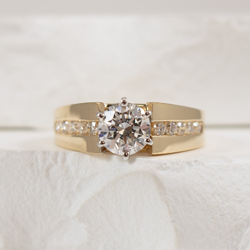 14KY 1.01CT Diamond Accented Engagement Ring               

14K Yellow Gold Lab Grown & Natural Diamond Engagement Ring

Center - 1.01 Carat Round Brilliant Cut Lab Grown Diamond of VS1 Clarity, E Colour, Excellent/ Excellent/ Excellent Cut  

